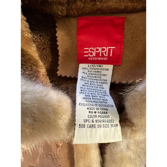Faux suede coat, faux fur collar, Vintage Esprit w embroidery Sz Large - Picture 9 of 9